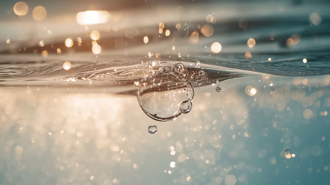 Aufsteigende Blase, die in der halb untergetauchten Ansicht bei Sonnenuntergang die Wasserlinie durchbricht und zu kleineren Blasen zusammenfällt