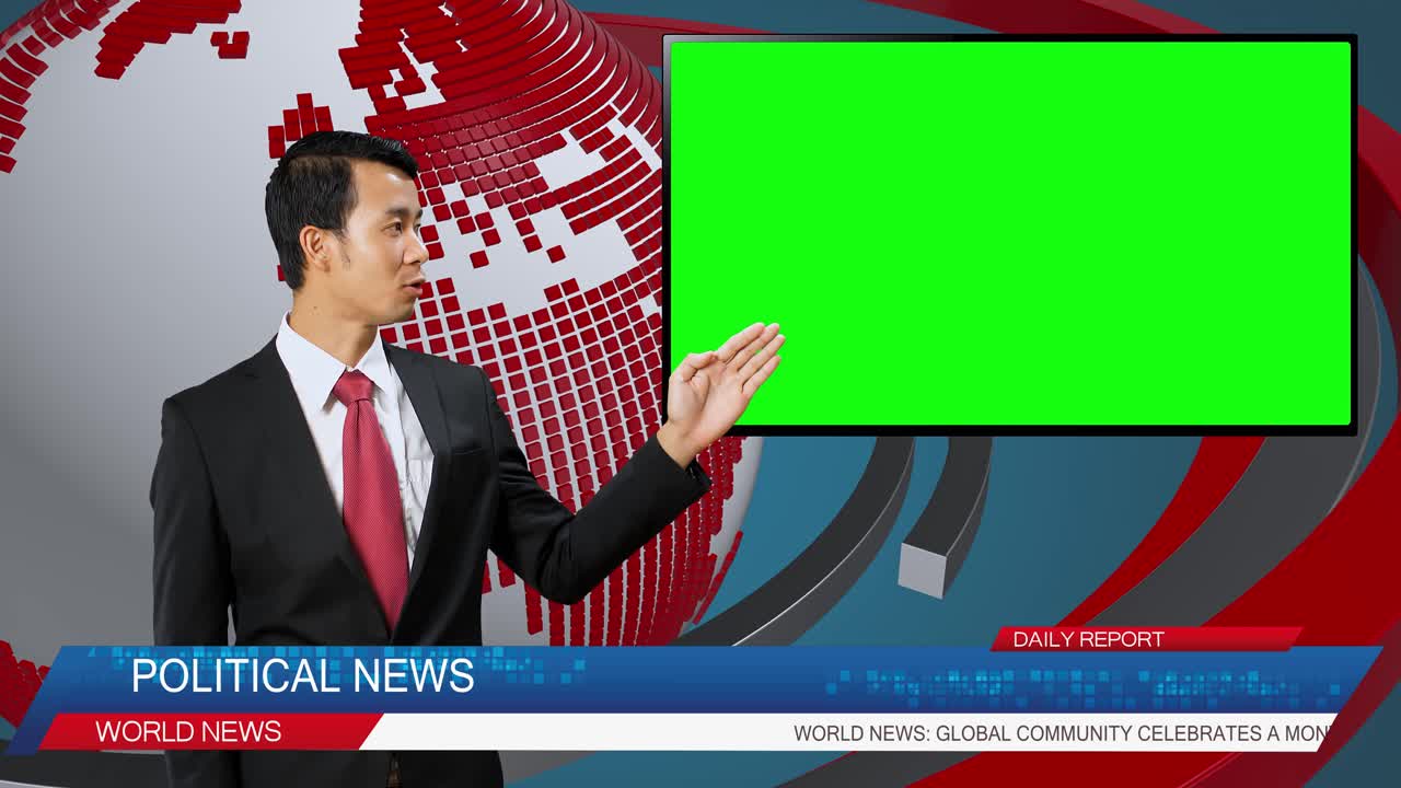 Live News Studio With Male Anchor Reporting On The Political, Video Story Show Green Chroma Key Screen Placeholder Copy Space.Television Newsroom Channel With Professional Presenter