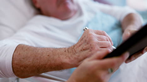 Hands,-hospital-bed-or-man-with-contract-to-sign