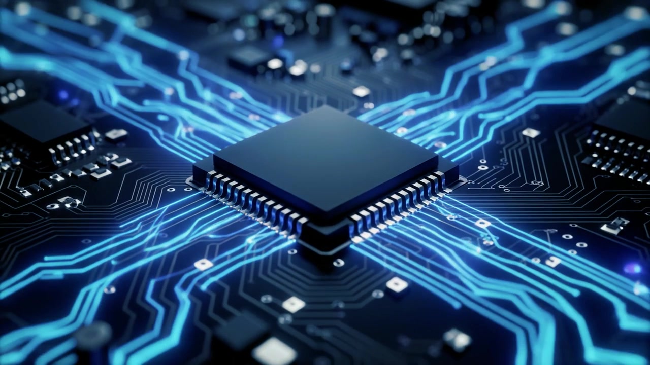 Central Processing Unit på printplade med glødende datastrøm