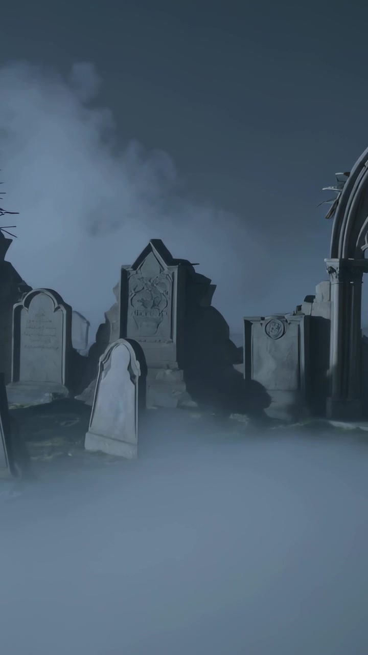 Video verticale: Telecamera che inquadra le tombe principali in un cimitero mentre l'aria notturna solleva la nebbia, arco a destra.