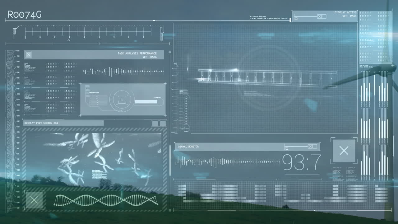animación del procesamiento de datos sobre la turbina eólica y el cielo