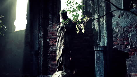 a weathered statue in a ruined church