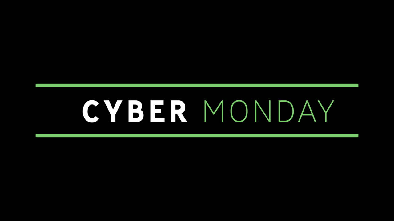 texto blanco y verde de cyber monday que aparece contra una pantalla negra