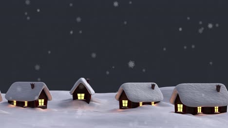 Schneeflocken-Fallen-über-Mehrere-Häuser-In-Der-Winterlandschaft-Vor-Grauem-Hintergrund