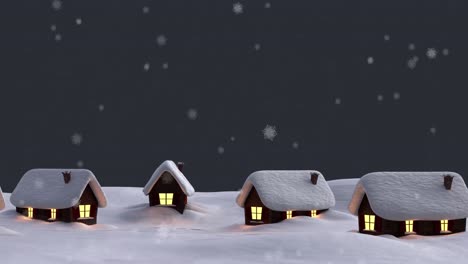 snowflakes falling over multiple houses on winter landscape against grey background