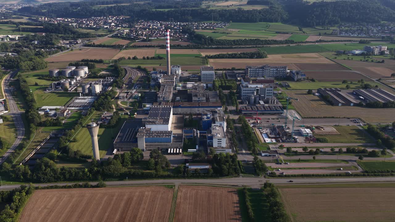 Nutritional production facility. production site and development center in Sisseln, Switzerland. Aerial drone video