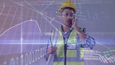 procesamiento de datos y datos estadísticos en movimiento contra arquitecto masculino hablando en un teléfono inteligente