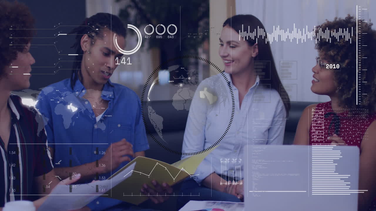 Team members reviewing business reports in lounge, with animated bar charts and world map overlays