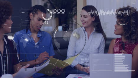 Team members reviewing business reports in lounge, with animated bar charts and world map overlays