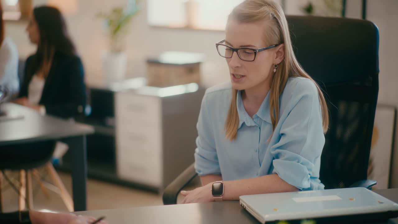 Manager explaining coworker at desk in office.