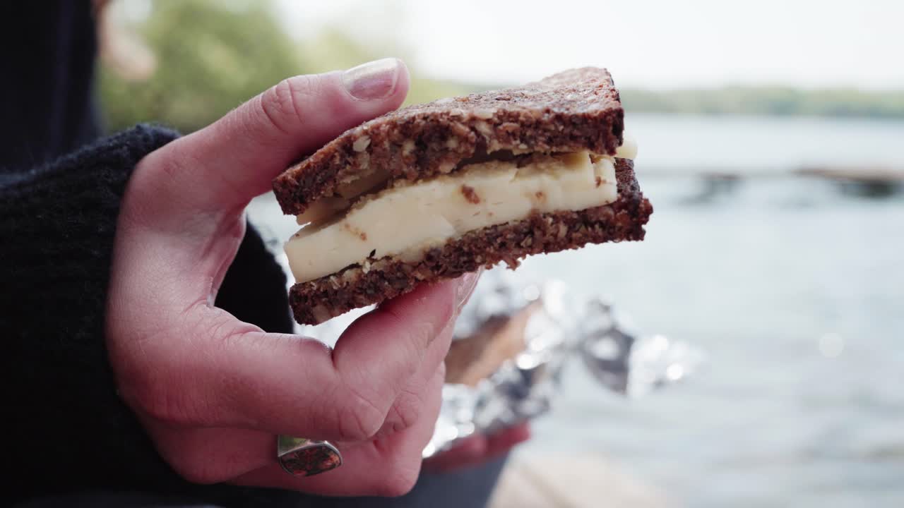 Feminine hands with rings holding a sandwich at the lakes of copenhagen