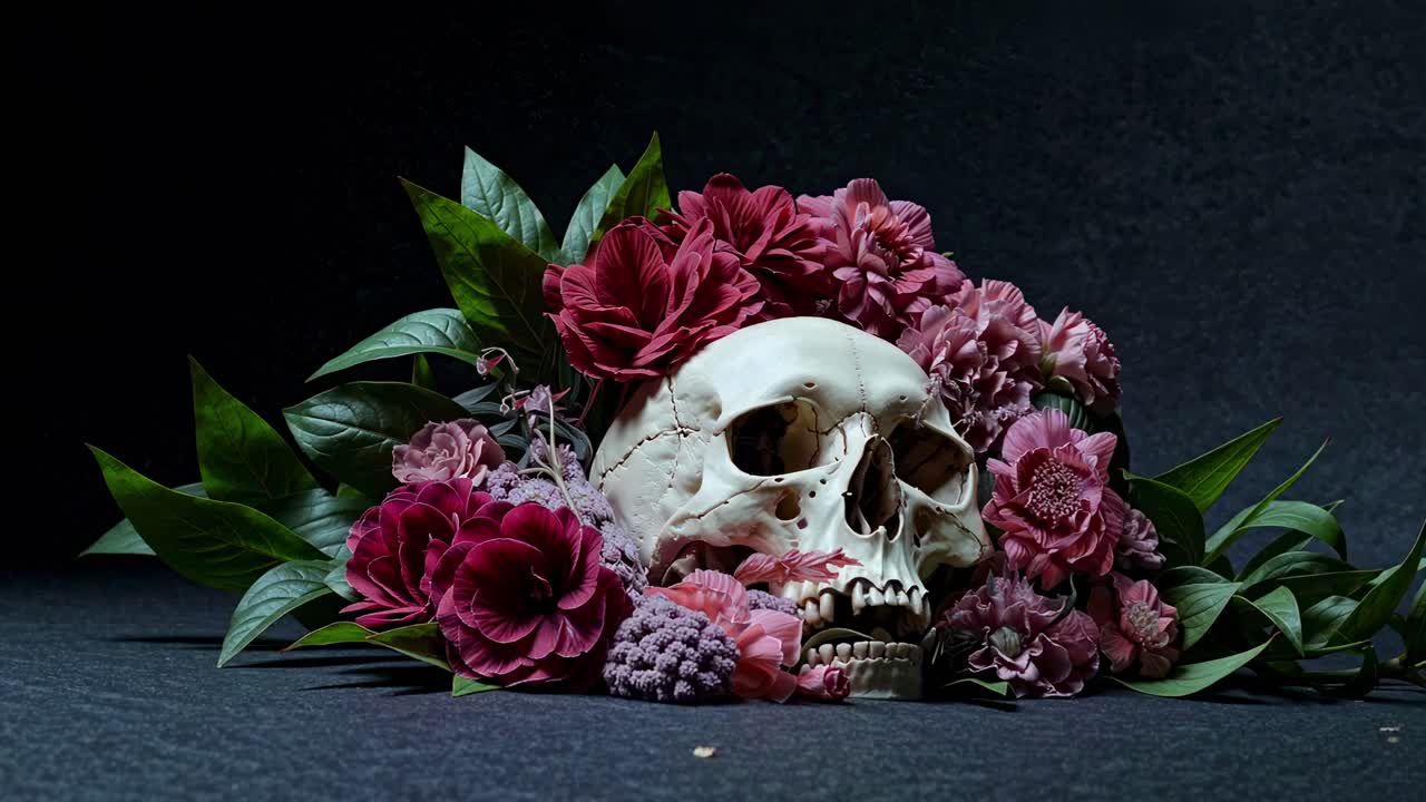 A dramatic, low-angle video shot of a skull surrounded by vibrant flowers on a dark background
