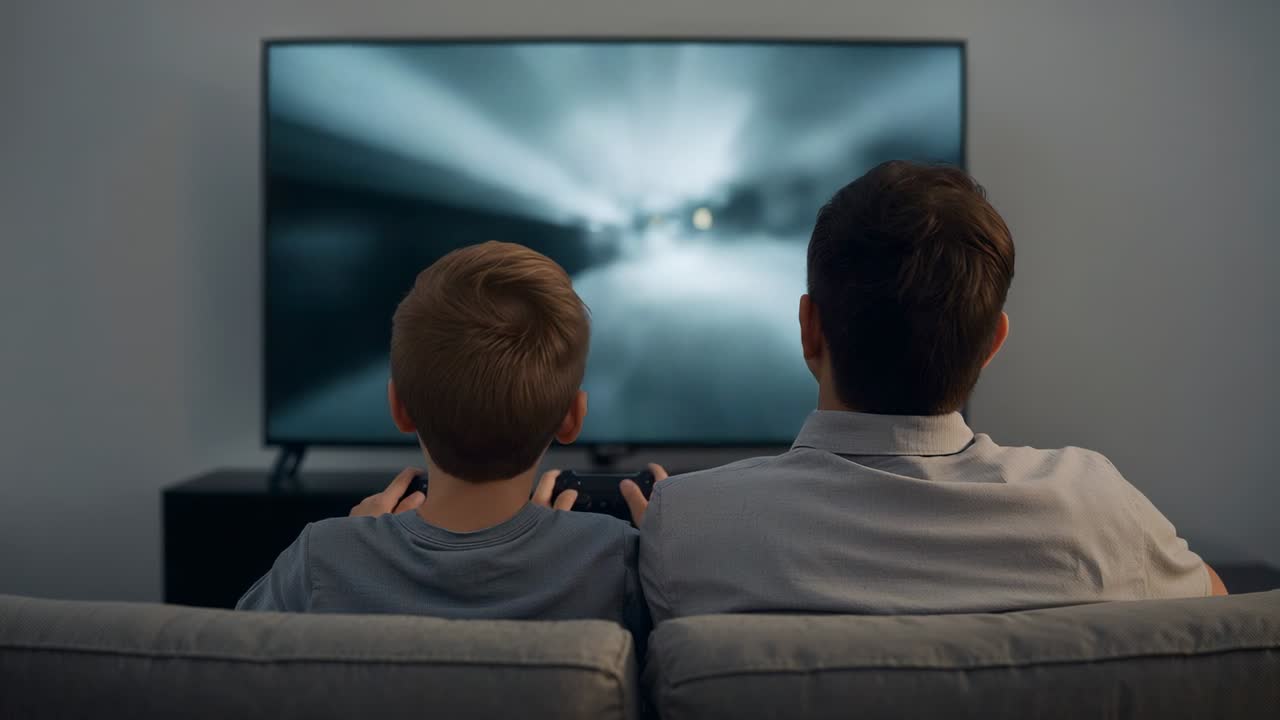 Reazione al bagliore della TV, papà e figlio che guidano i controller verso casa sul divano, con una maglietta blu e una maglietta grigia
