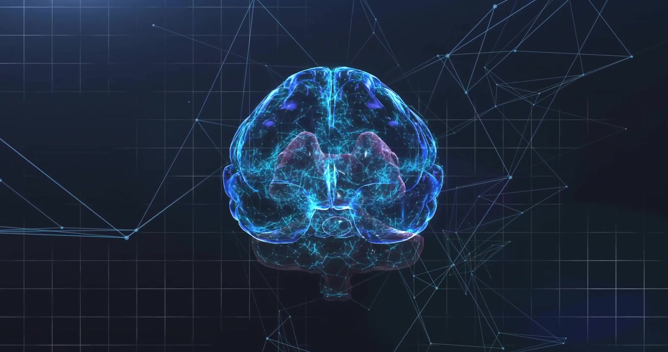 On opening, holographic brain floating and rotating left while visualizing neural network in lab