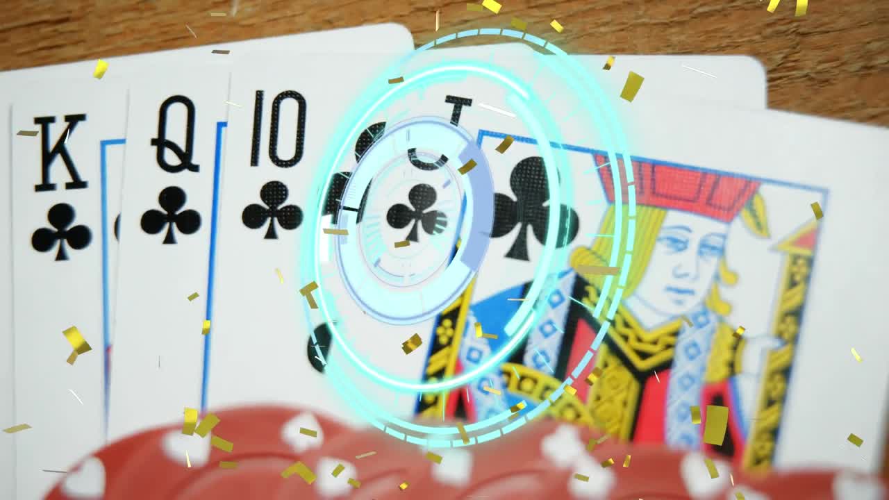 animación de confeti, escaneo de alcance con fichas y cartas de juego