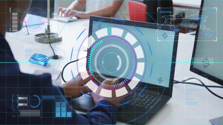 Animation of financial data processing over businessman using laptop in office