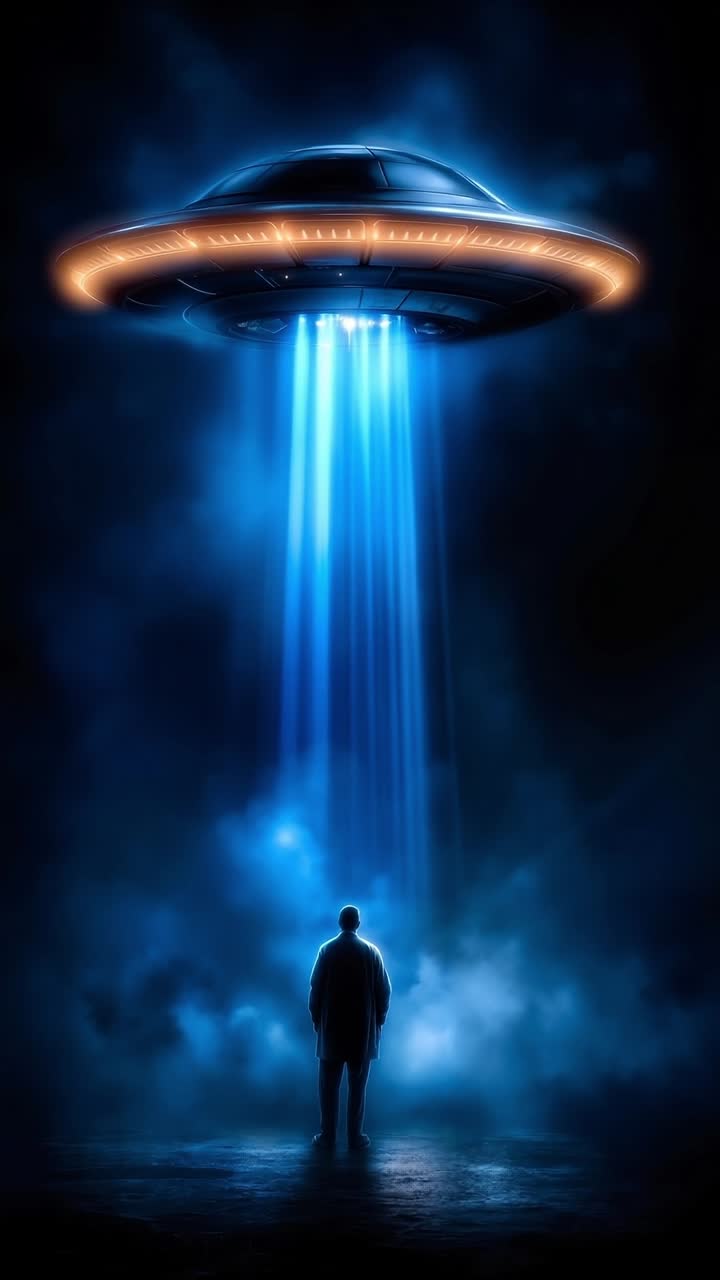 A man standing in front of a flying saucer in the dark