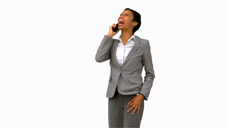 Businesswoman-laughing-while-phoning-on-white-screen