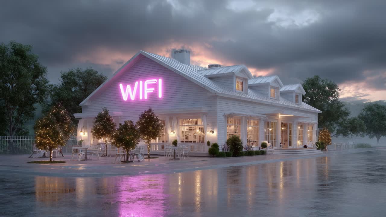 A Contemporary Restaurant at Dusk with Vibrant Neon 'WIFI' Sign Illuminating the Exterior, Set Against a Dramatic Sky and Reflected in Rain-Puddled Ground