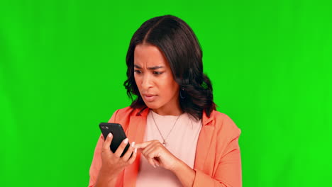 Green-screen,-angry-and-young-woman-on-a-phone