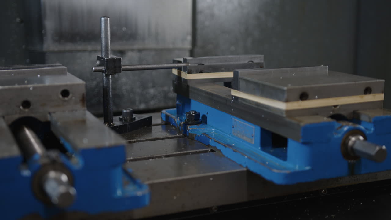 금속 부품과 파란색 기계와 함께 작동하는 산업 장비의 클로즈업