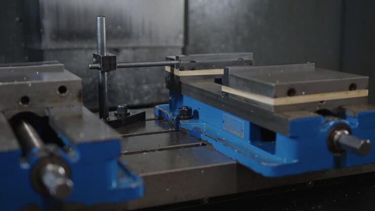 Primo piano di attrezzatura industriale in funzione con parti metalliche e macchinari blu