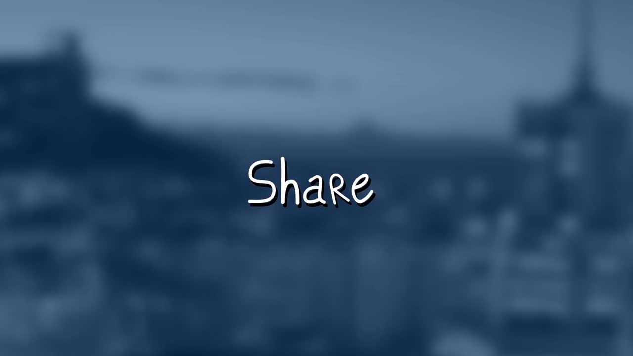 Animation of share text with arrows over out of focus cityscape