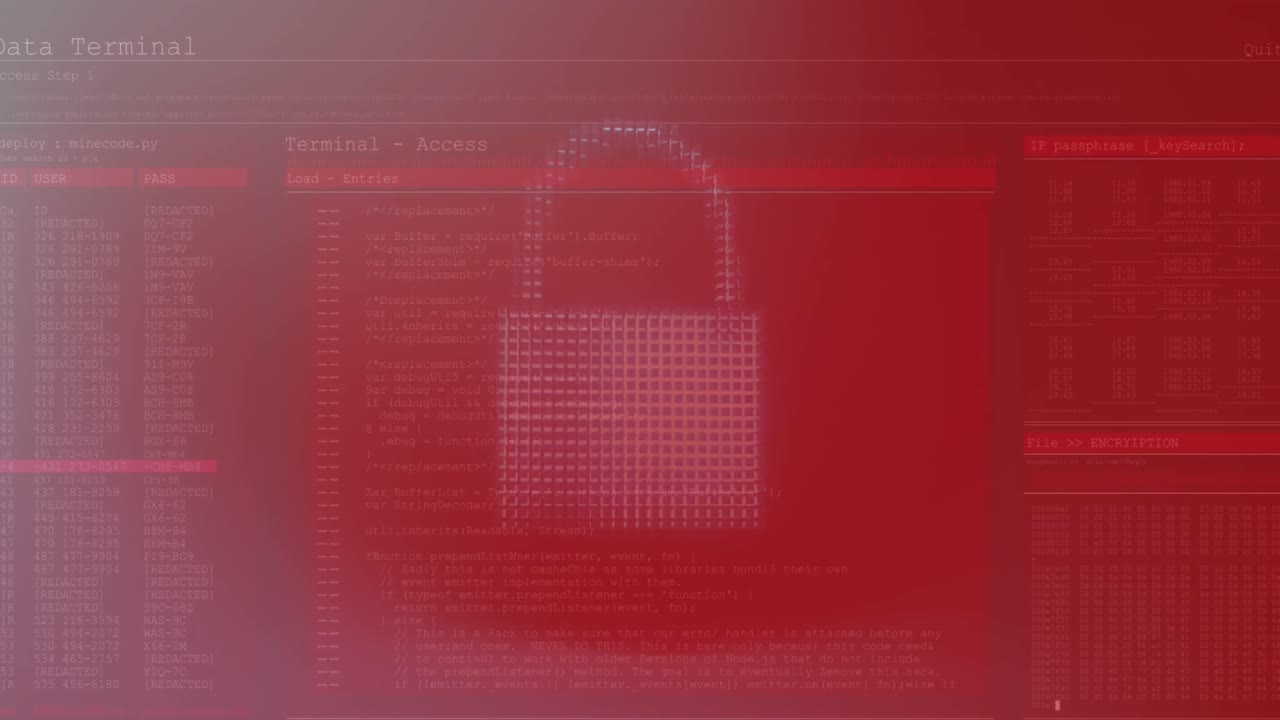 animación de cuadrados que forman nube, nube y candado a través del lenguaje informático y la interfaz abstracta