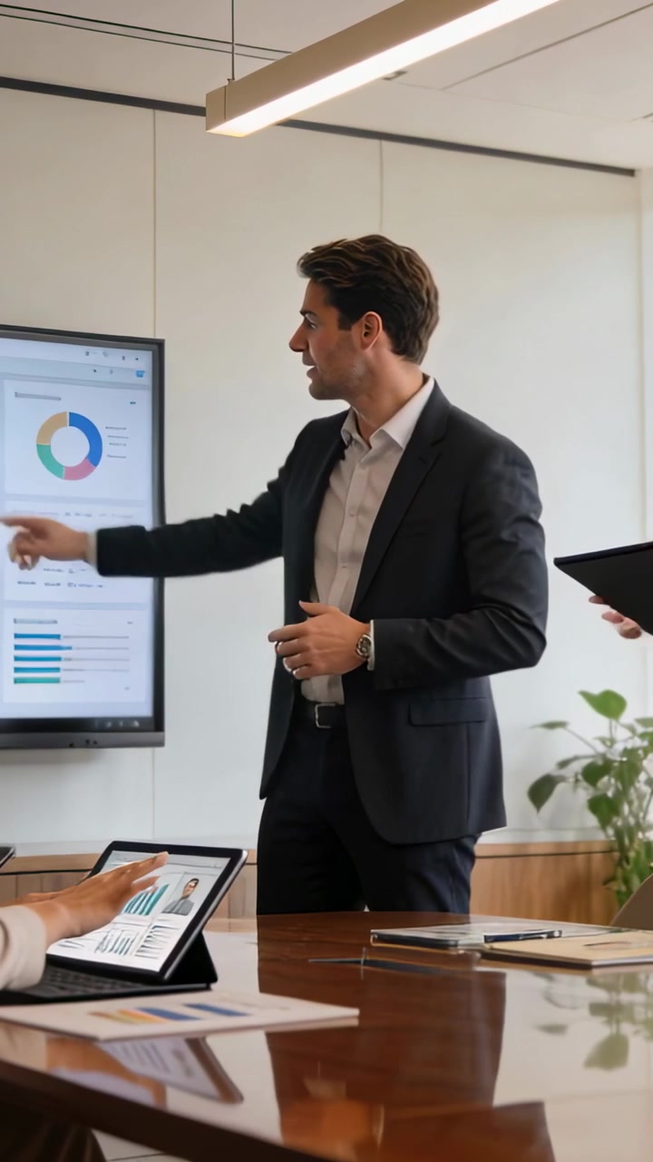 Video verticale: Inizio riunione, uomo in abito che presenta dati su schermo in ufficio con tablet.
