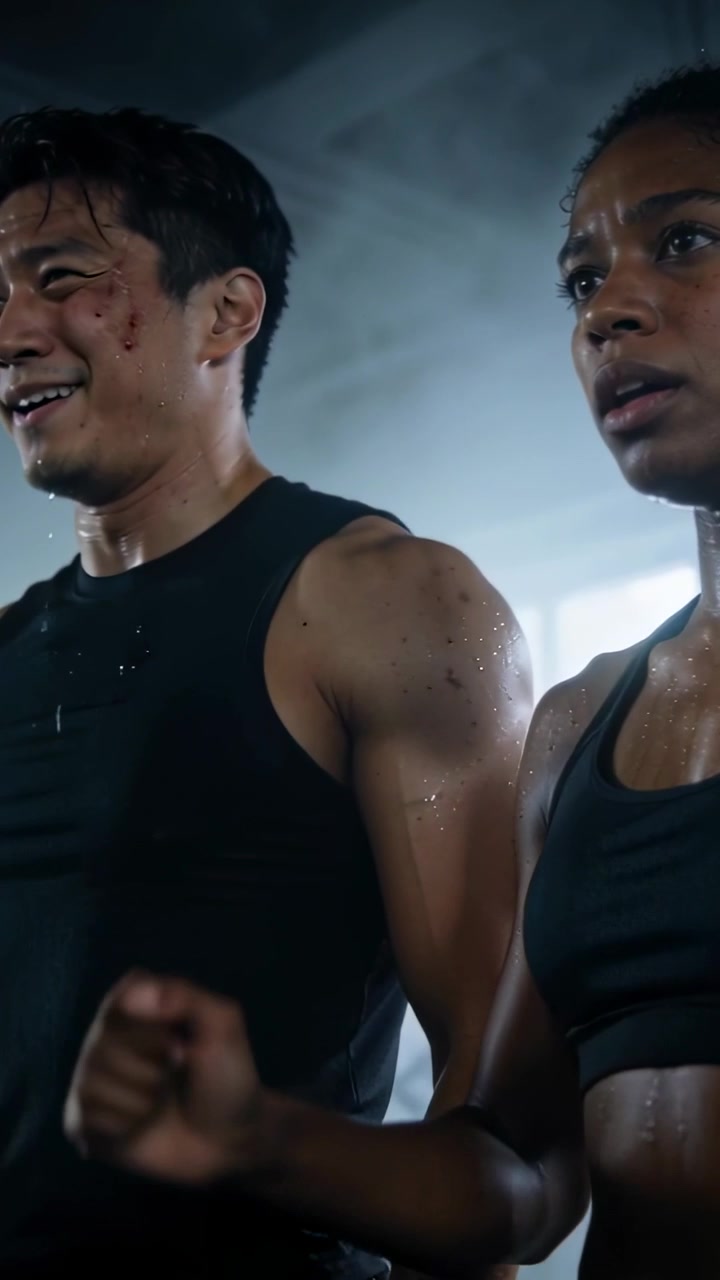 Vertical video: Signaling woman raising finger to count, two athletes making fists in gym in black