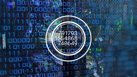 animation of changing numbers in loading circles, binary codes over illuminated data server systems