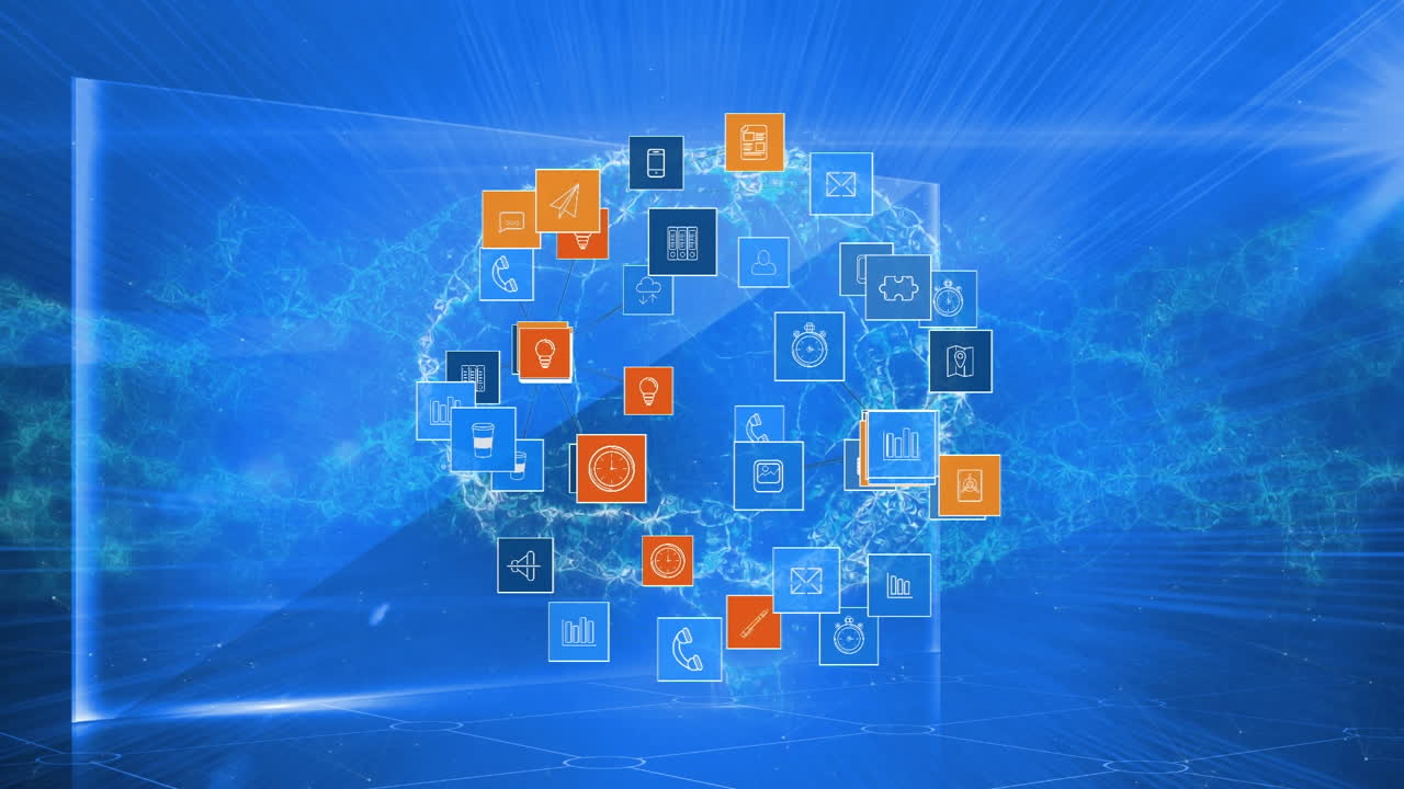 animación del globo sobre el procesamiento de datos y la red de conexiones con iconos