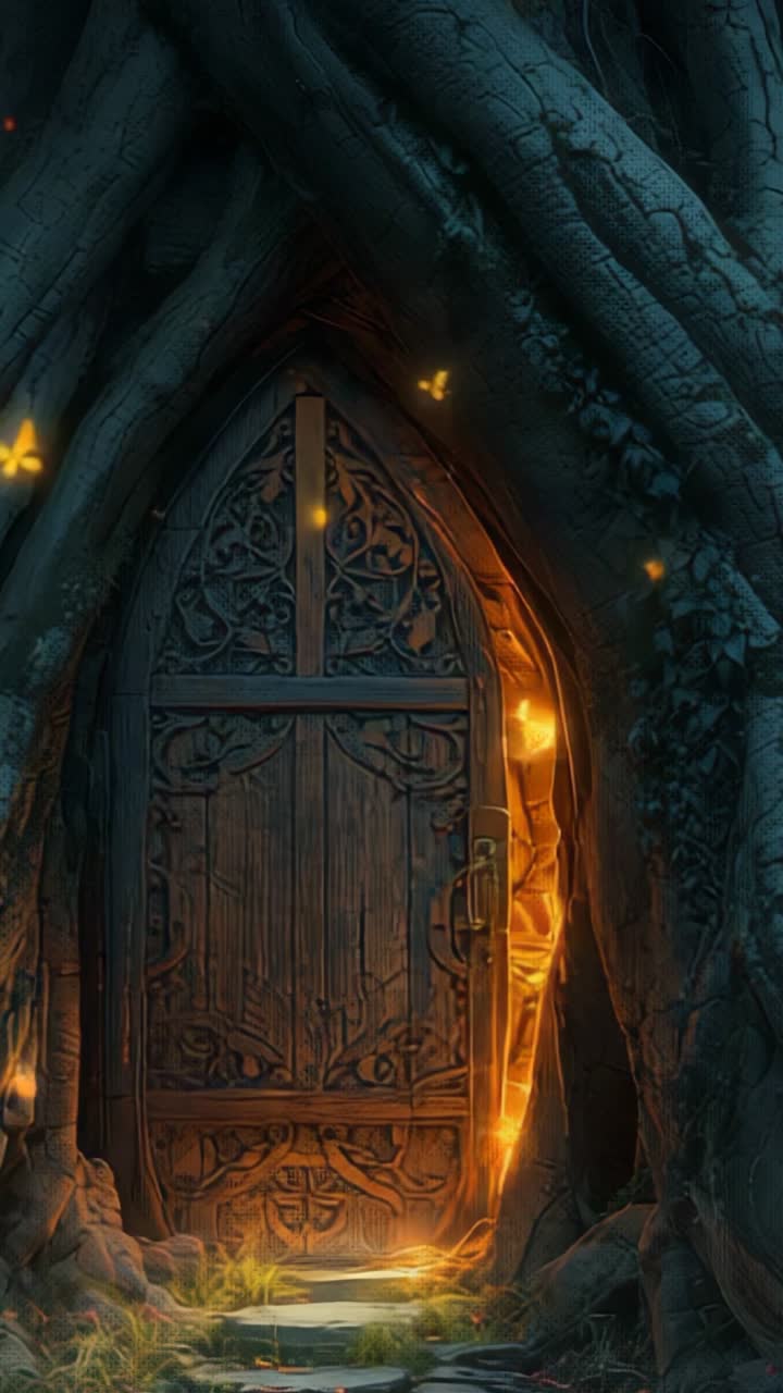 Vertical video: Portal door opening in woods, glow leaking from seam, drifting golden motes closing