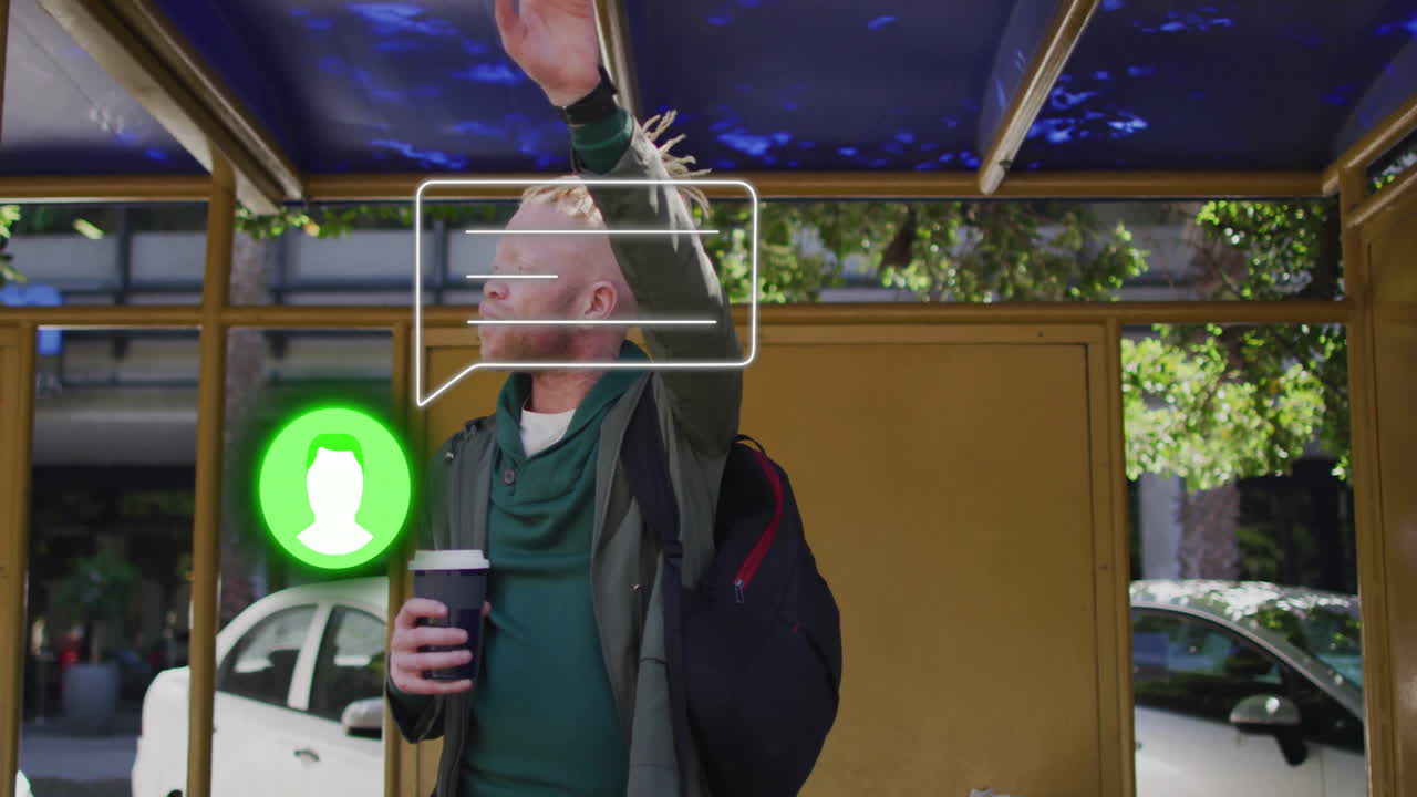 Holding coffee cup, person at bus stop with digital chat bubble animation