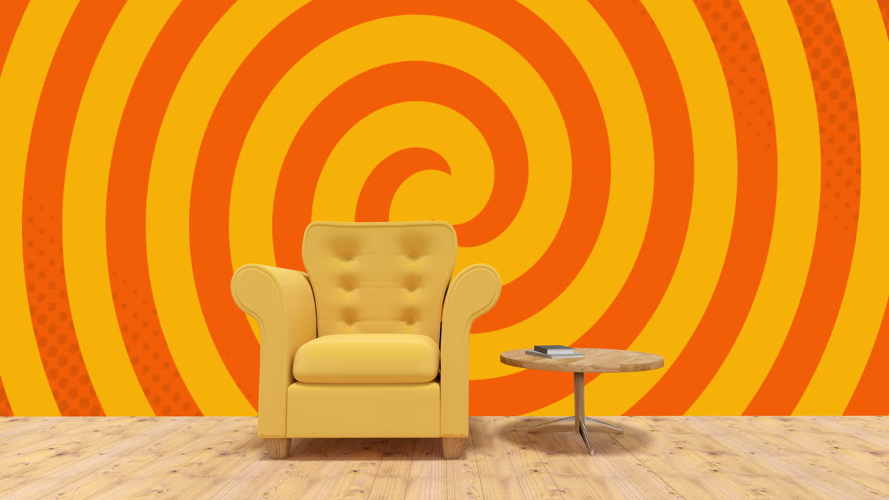 animación de un sillón amarillo sobre un fondo giratorio en espiral amarillo y naranja
