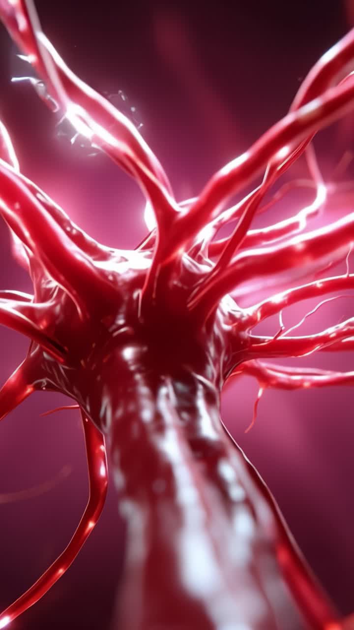 Komplekst netværk af røde neuroner oplyst på en mørk baggrund, der viser den komplekse struktur og funktionalitet af neurale veje i abstrakt form