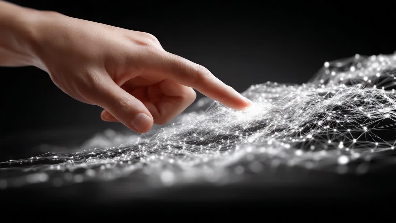 A Close-Up of a Hand Reaching Towards a Dynamic Digital Surface, Representing Innovation, Connectivity, and the Interplay of Technology and Human Interaction