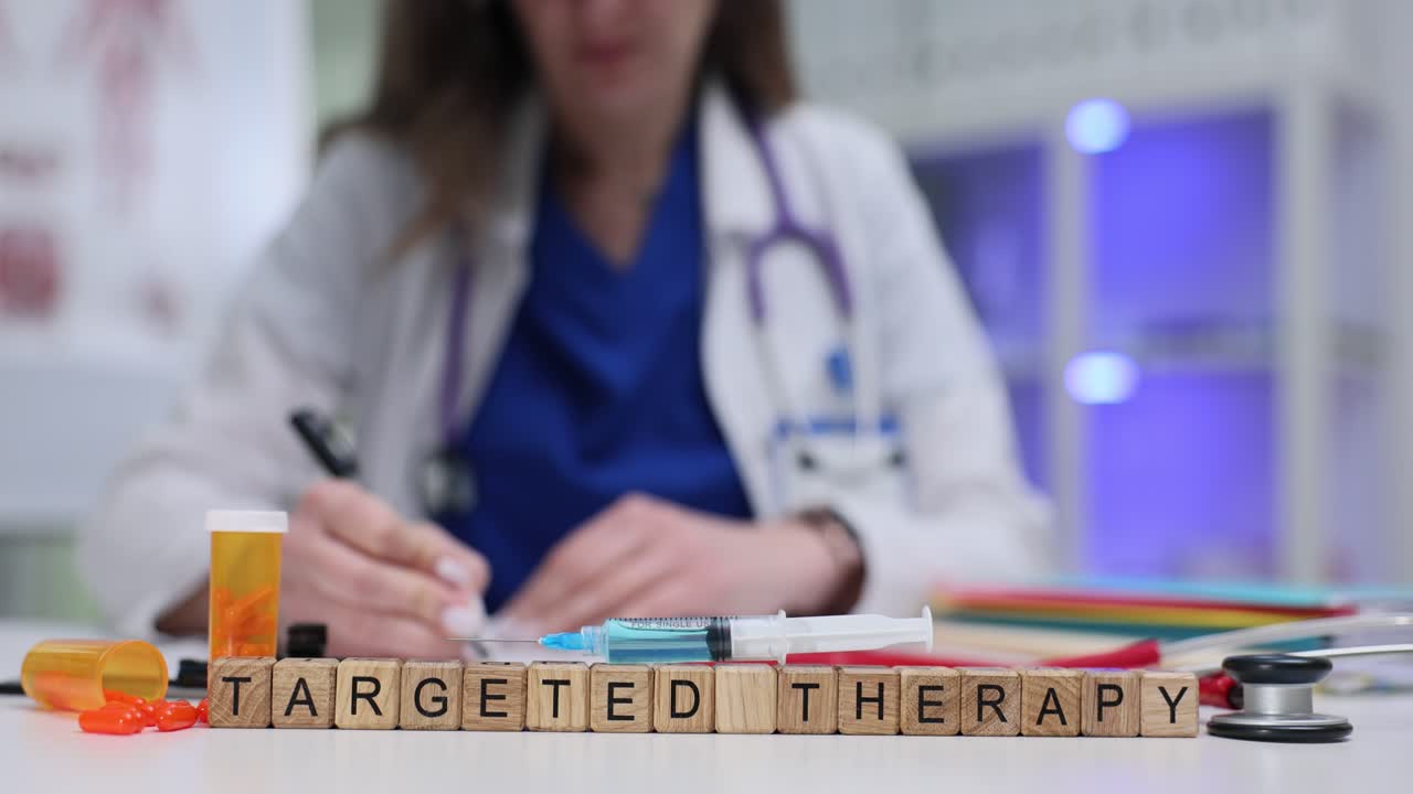 Cubetti di legno compongono la frase terapia mirata su una scrivania clinica