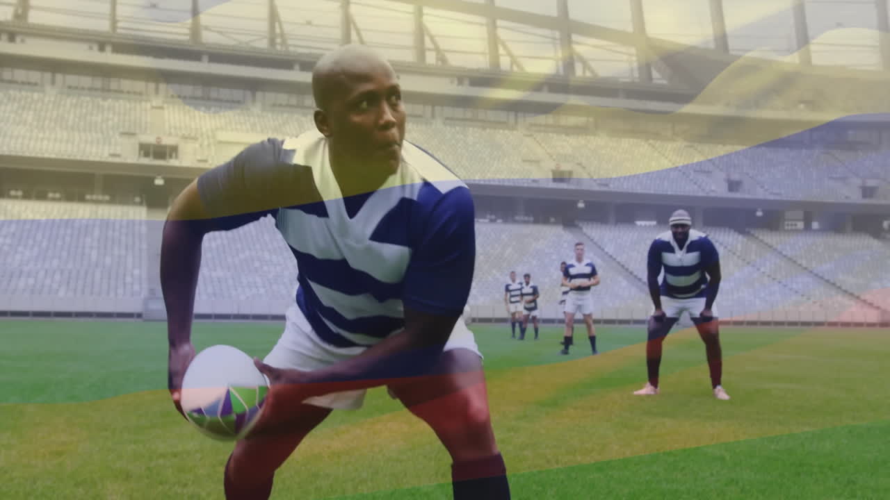 Preparing to pass ball, rugby player with teammates in stadium during animation