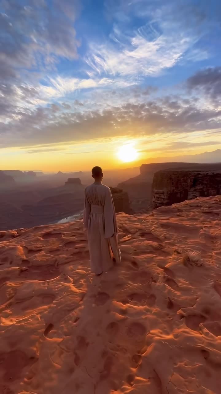 Una serena scena video di una persona in vesti all'alba, ripresa da una bassa angolazione.