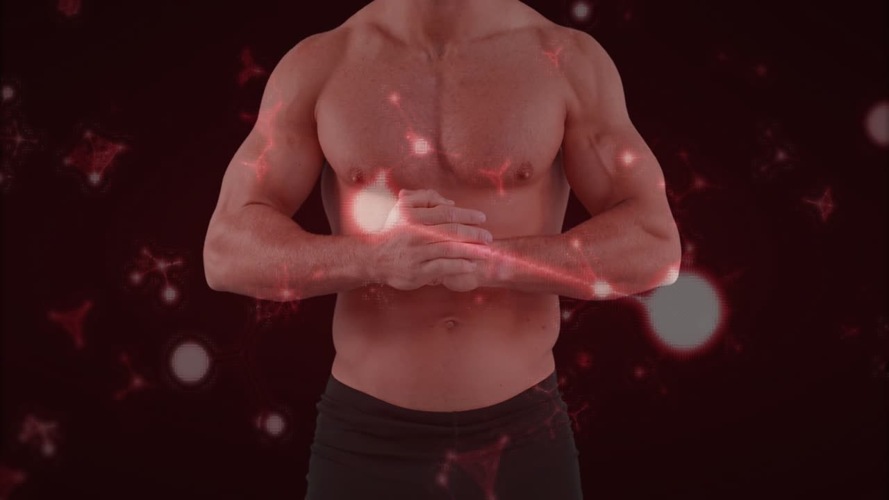 Adult male posing while camera shifting red-pink bokeh network overlays revealing head for tech