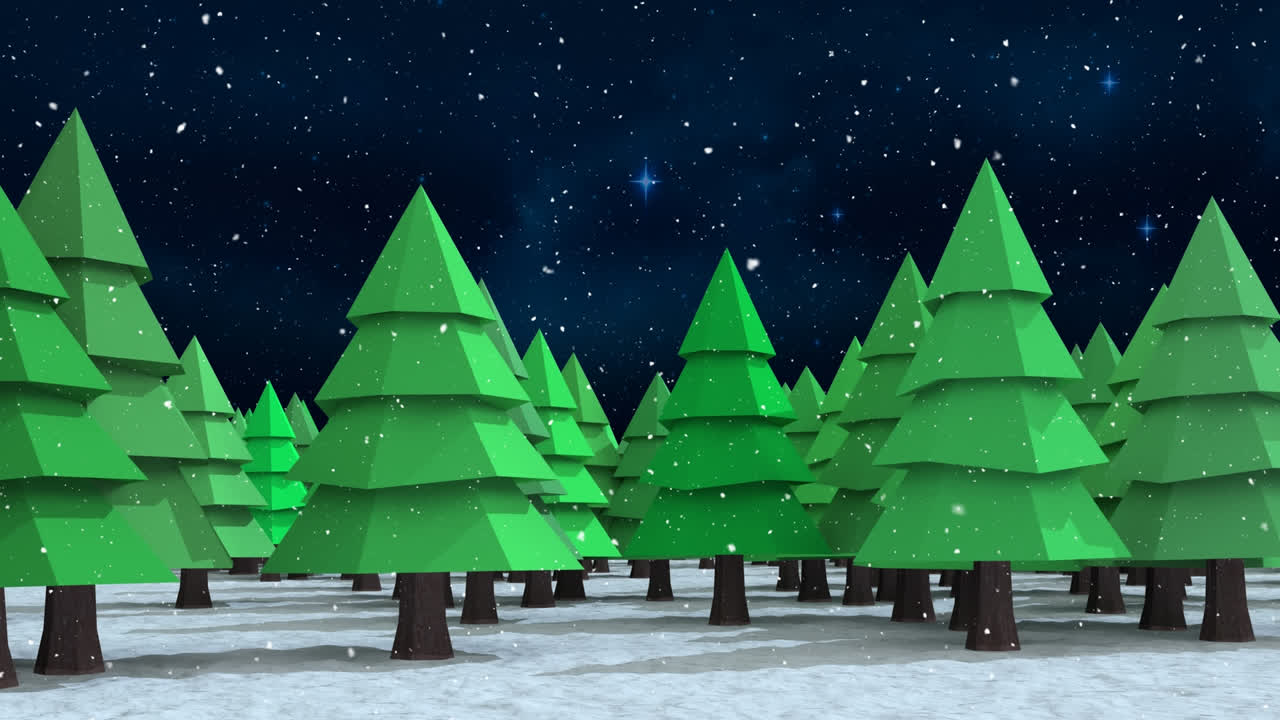 Snow falling over multiple tree icons on winter landscape against shining stars on blue background