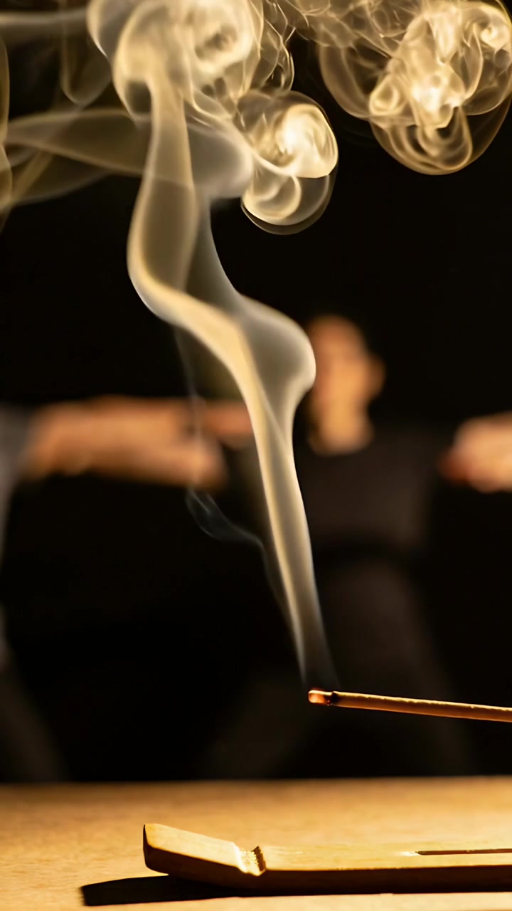 Vertical video: Curling smoke rising from lit incense stick on wood top with box, dark clothing