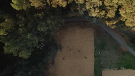 De-Arriba-Hacia-Abajo,-Revelando-Sobre-Los-árboles-El-Estilo-De-Vida-De-Las-Personas-Que-Juegan-Puccivelli-En-El-Parque-Nacional-Ramat-Gan,-Es-Un-Lugar-De-Encuentro-Público-Para-Familias,-Deportes-Y-Hacer-Barbacoas.