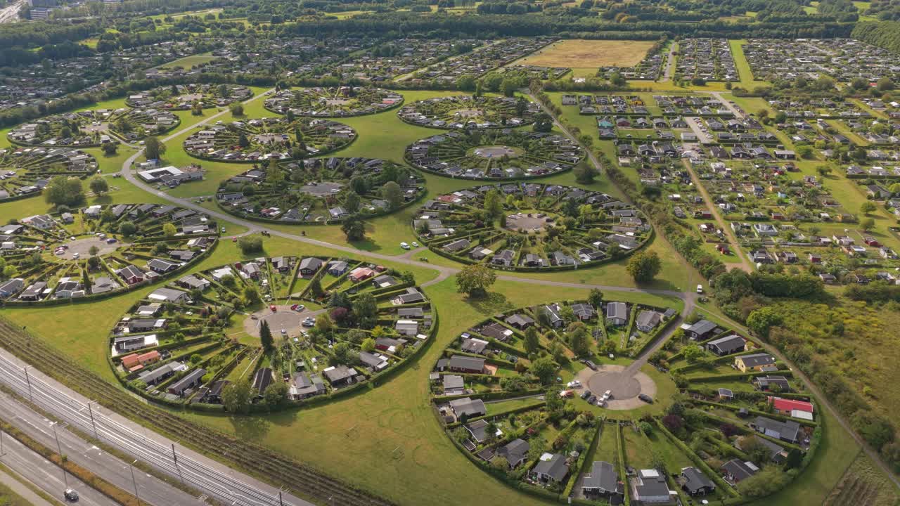 Overhead of Brondby Haveby circular housing, paths and trees, Denmark