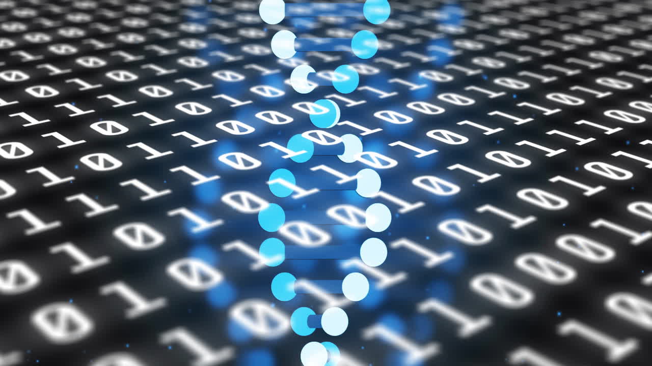 Animation of dna strand over data processing on black background