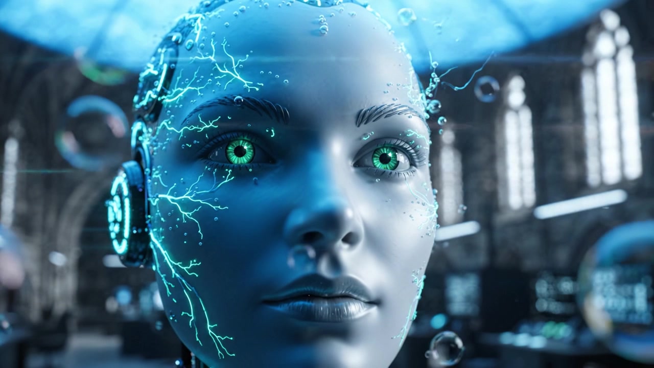 Primo piano di un robot AI futuristico con caratteristiche digitali luminose in un ambiente tecnologico avanzato, che mostra una fusione di espressioni simili a quelle umane e design cibernetico.
