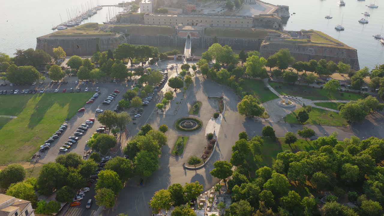 Spianada Square park in front of the Old Fortress of the city of Corfu, Drone shot