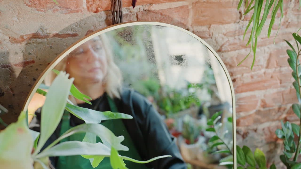 Florista arreglando un escaparate con espejo en una boutique, saludando a un cliente a través del reflejo, ajustando un helecho y una maceta cerca de un espejo arqueado, vistiendo un delantal verde con luz solar cálida sobre la mampostería, propietaria de la tienda estilizando